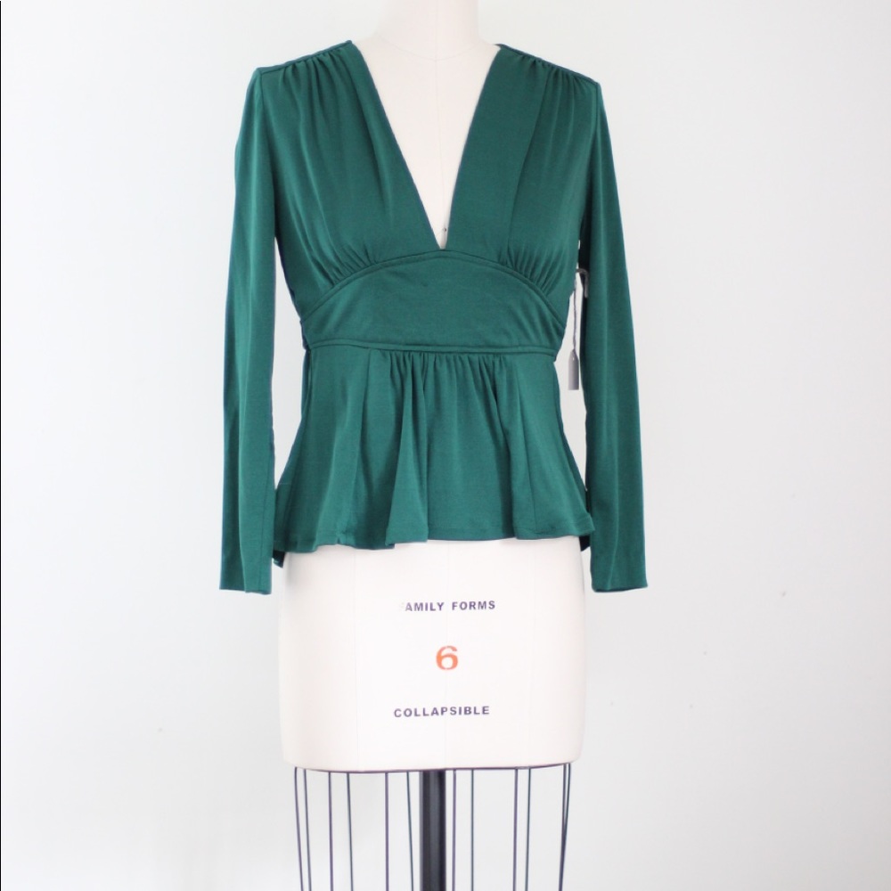 Vtg Green poly knit plunging empire waist Top S